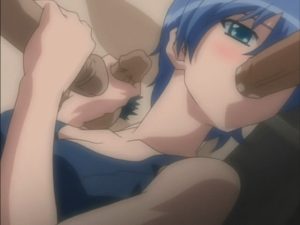 Blue haired cutie does triple blowjob