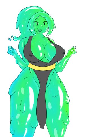 Green slime turns clothes to cum